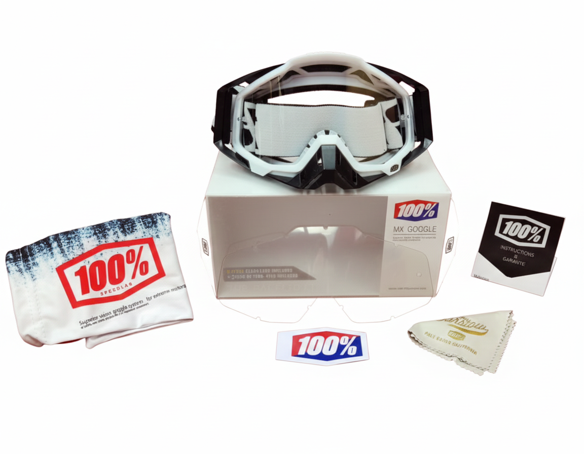 GOGGLES 100% WITH NOSE PAD - WHITE & BLACK - CLEAR GLASS