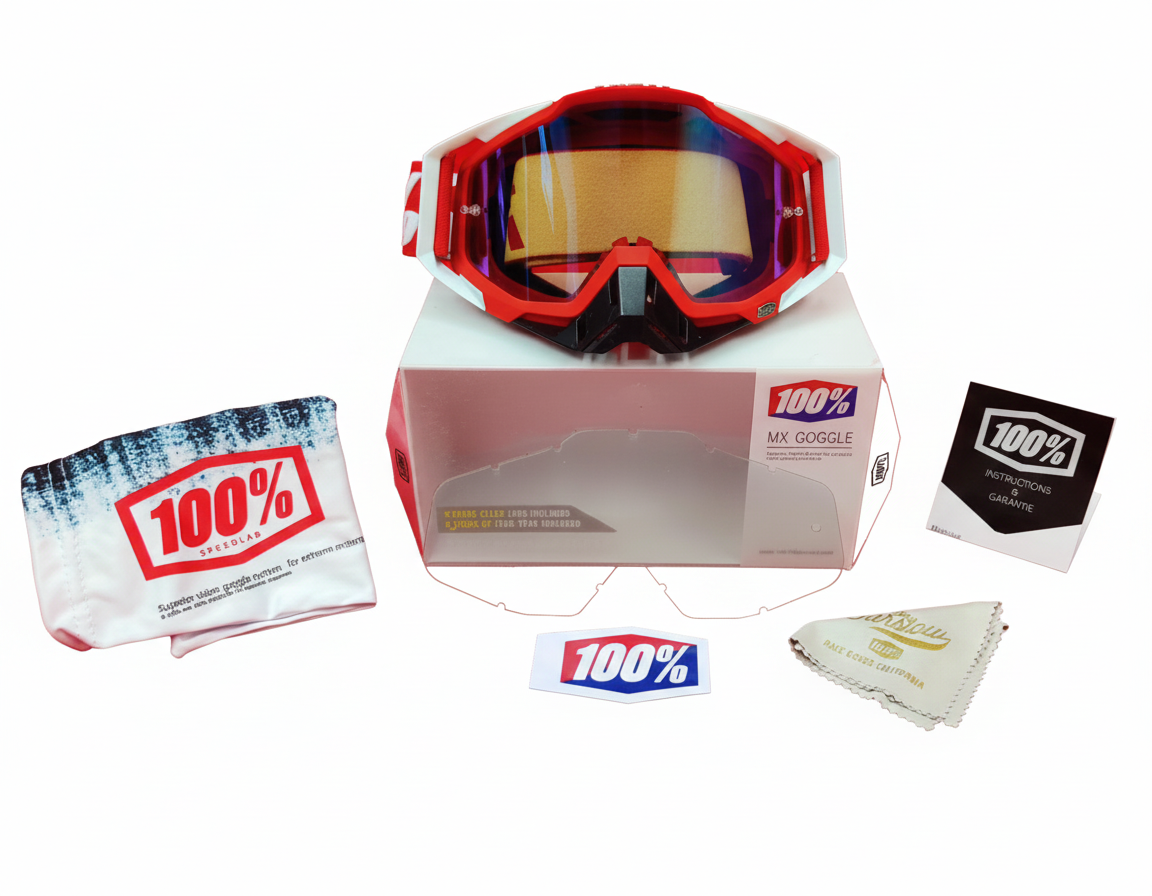 GOGGLES 100% WITH NOSE PAD - RED & BLACK & WHITE - BLUE TINT GLASS