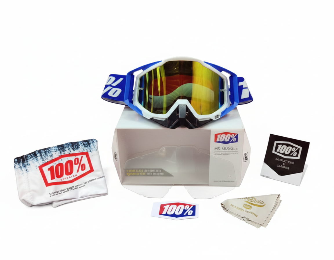 GOGGLES 100% WITH NOSE PAD - WHITE & BLACK & BLUE -YELLOW TINT GLASS